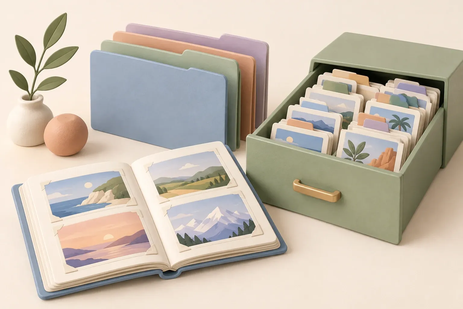 An open photo album and work folders beside an organized drawer of image cards, illustrating the shift from general storage to business visual asset management