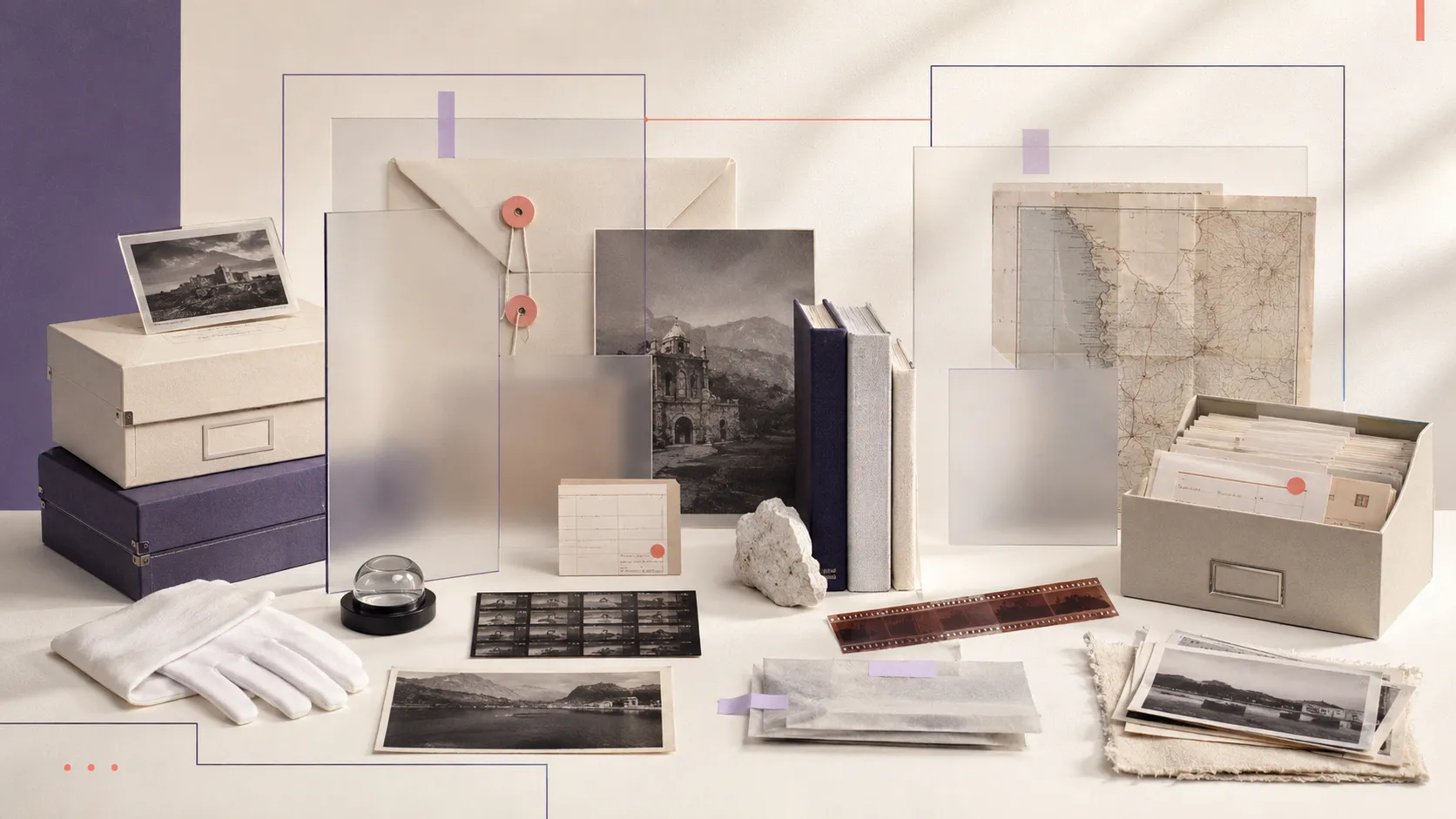Historical photographs, documents, and archive materials prepared for cataloging.