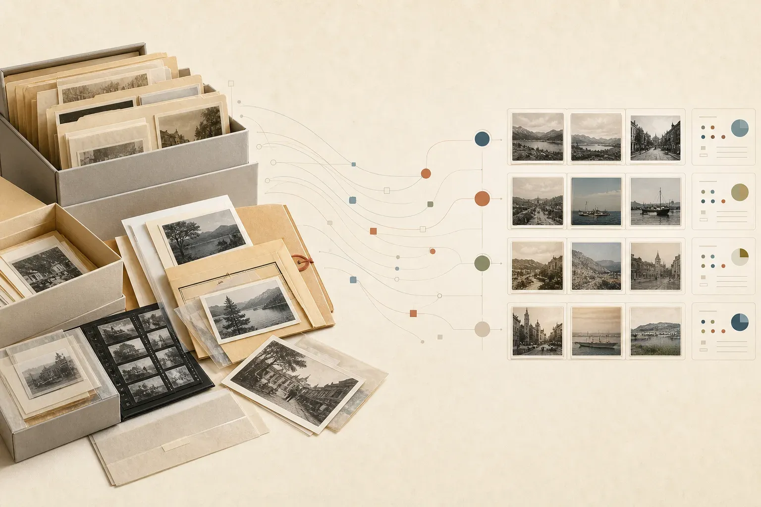 Historical photographs in archival boxes becoming an organized, searchable collection