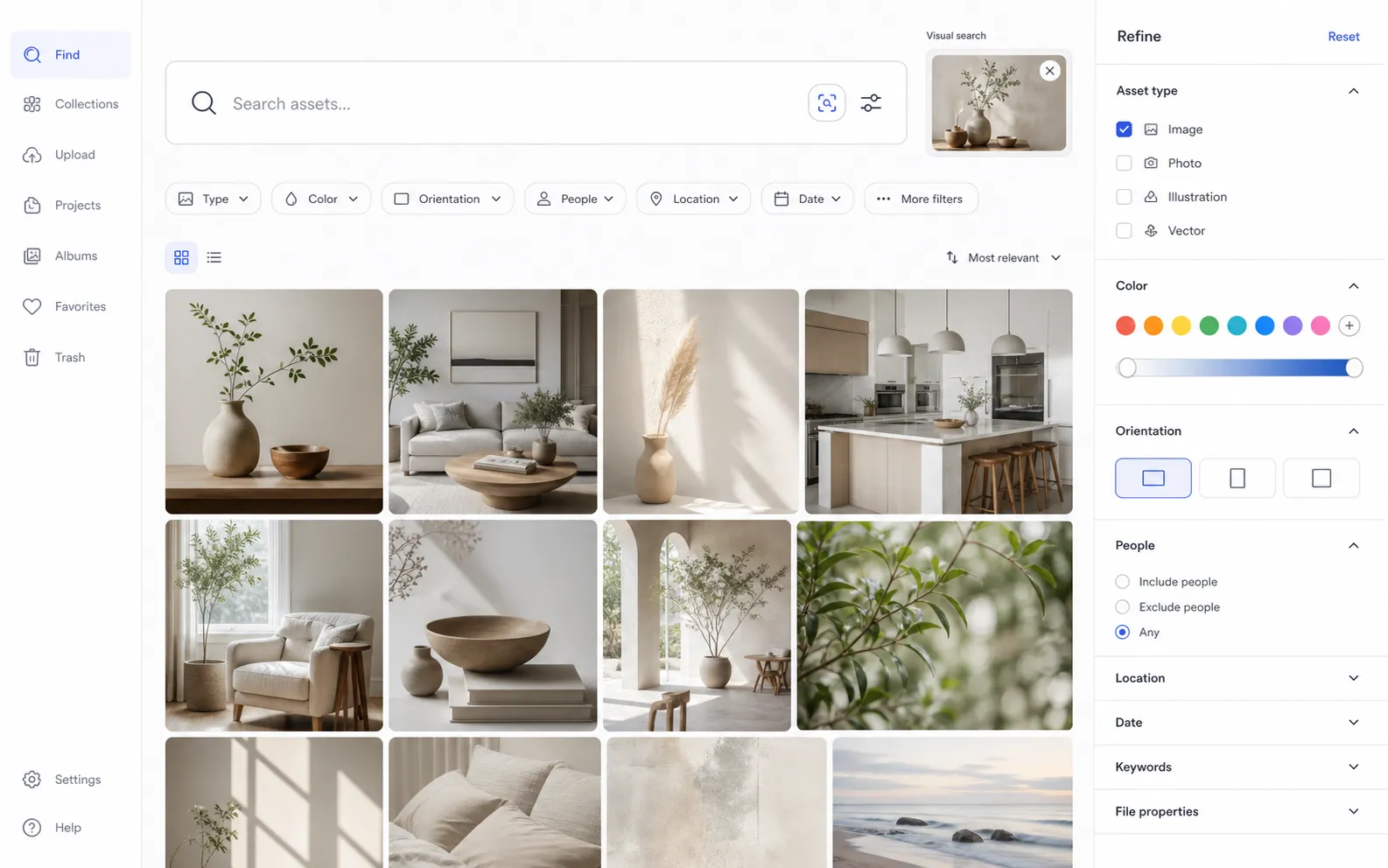 VisioClarity visual search interface with image results and structured filters.