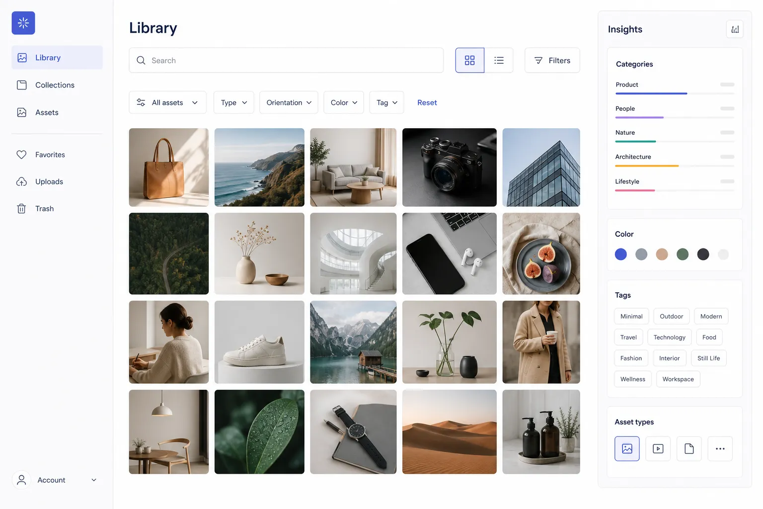 VisioClarity visual asset library with image search, filters, collections, and insights.