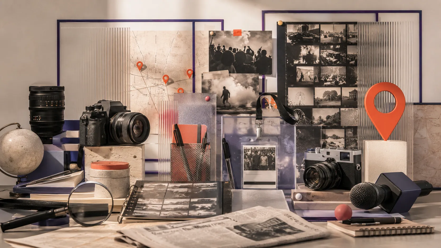 Cameras, press photographs, and coverage materials arranged as a visual archive.