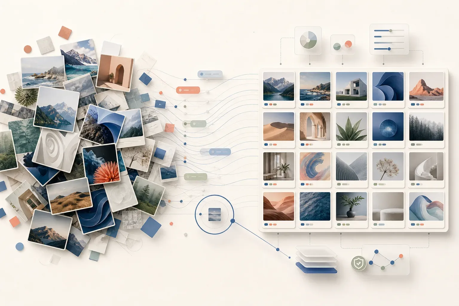A scattered collection of image cards becoming an organized visual library with connected metadata and search signals