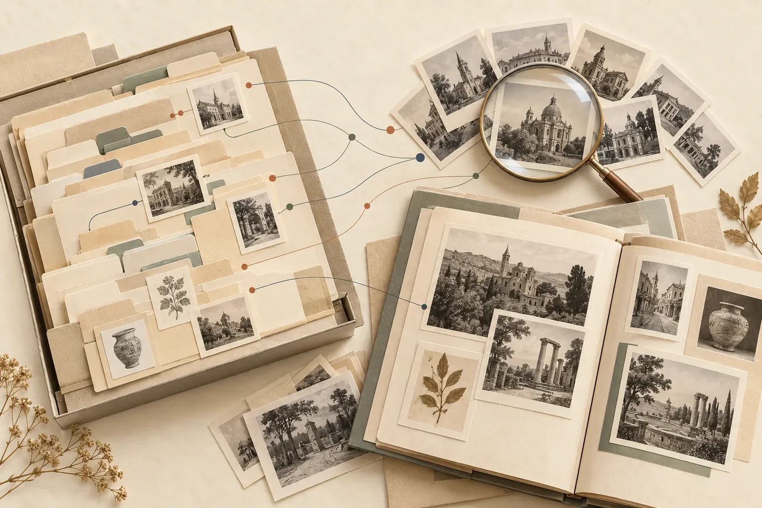 Archival catalogue cards and an exhibition folio connected to related heritage photographs through visual references
