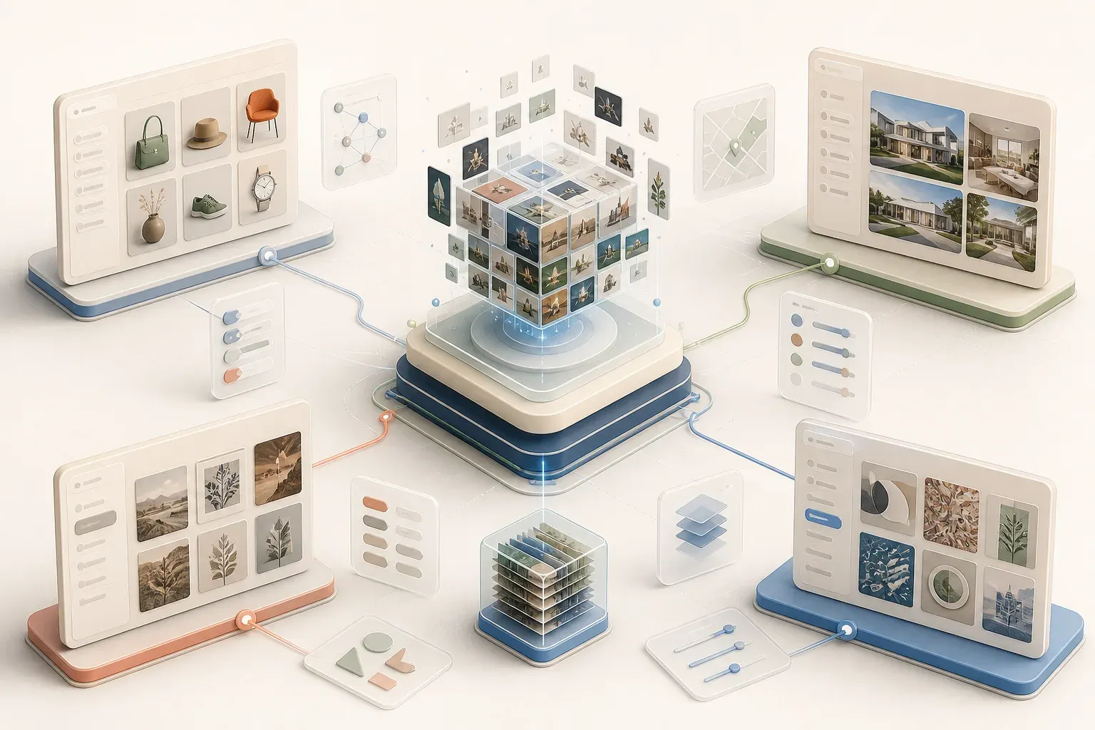 Different application types connected to a central visual intelligence layer that organizes and searches growing image collections